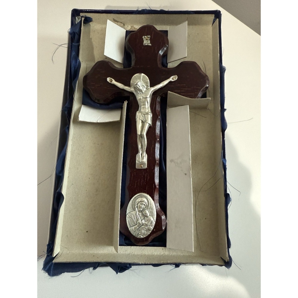 Italian Cross Crucifix with Miraculous Medal Brown Wood Oxidized Silver Metal W